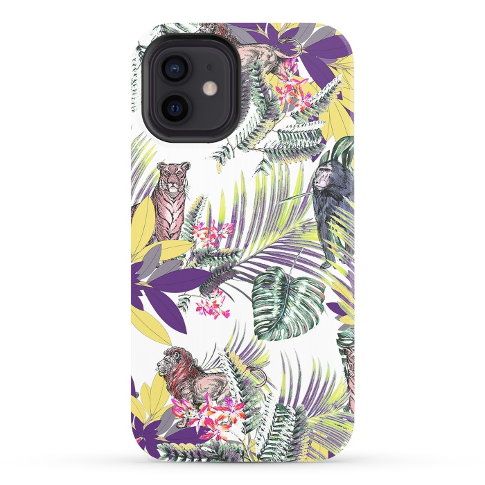iPhone 12 StrongFit Colorful jungle leaves and wild animals pattern by Oana 