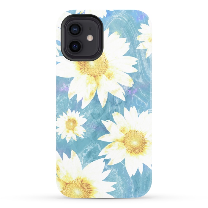 iPhone 12 StrongFit White sunflowers on baby blue marble by Oana 