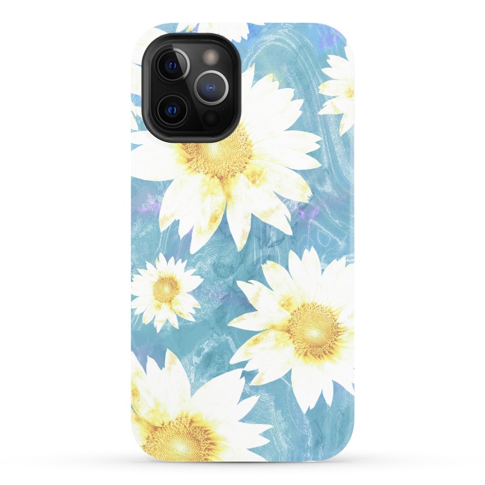 iPhone 12 Pro StrongFit White sunflowers on baby blue marble by Oana 