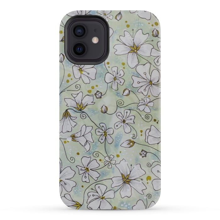 iPhone 12 mini StrongFit Pretty White Flowers on Watercolour by Paula Ohreen
