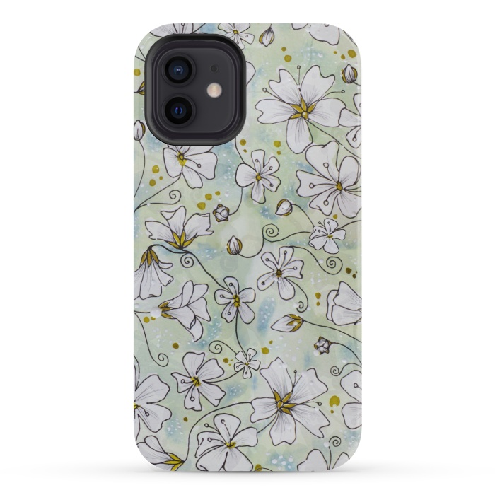 iPhone 12 StrongFit Pretty White Flowers on Watercolour by Paula Ohreen