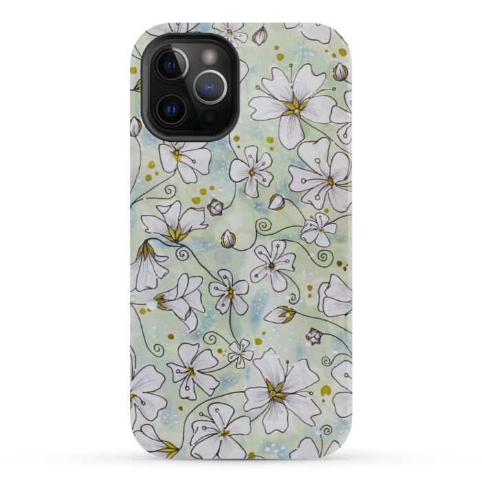 iPhone 12 Pro StrongFit Pretty White Flowers on Watercolour by Paula Ohreen