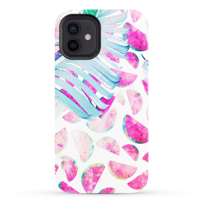 iPhone 12 StrongFit Grungy watermelon and bana leaf pattern by Oana 