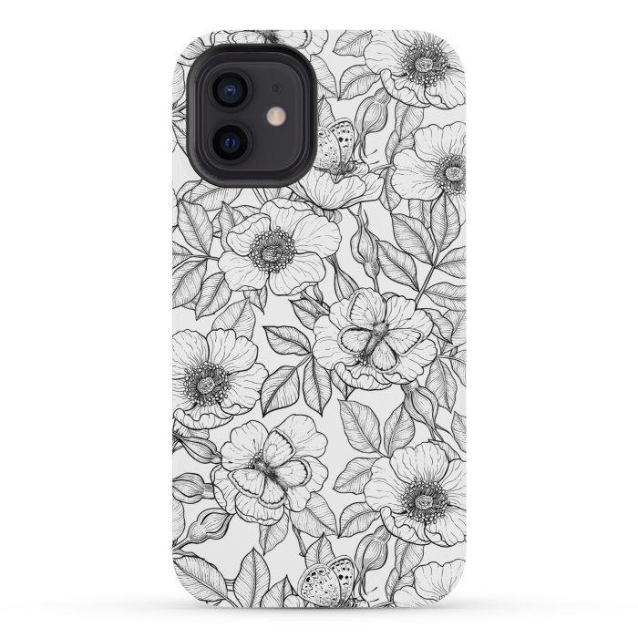 iPhone 12 mini StrongFit Dog rose and butterflies b&w by Katerina Kirilova