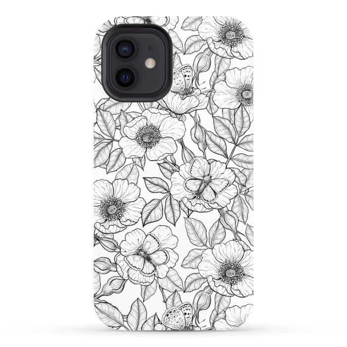 iPhone 12 StrongFit Dog rose and butterflies b&w by Katerina Kirilova