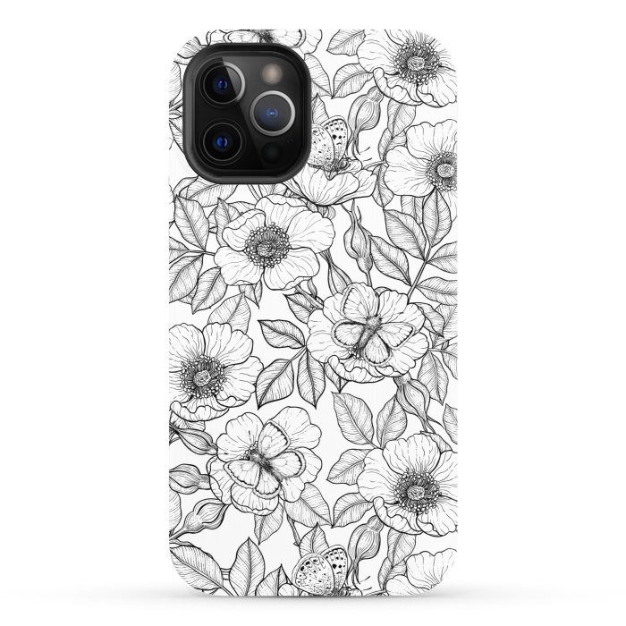 iPhone 12 Pro StrongFit Dog rose and butterflies b&w by Katerina Kirilova