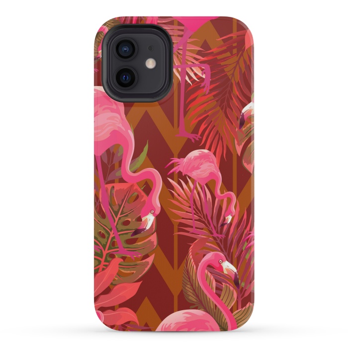 iPhone 12 mini StrongFit Pink Flamingos On The Beach by ArtsCase
