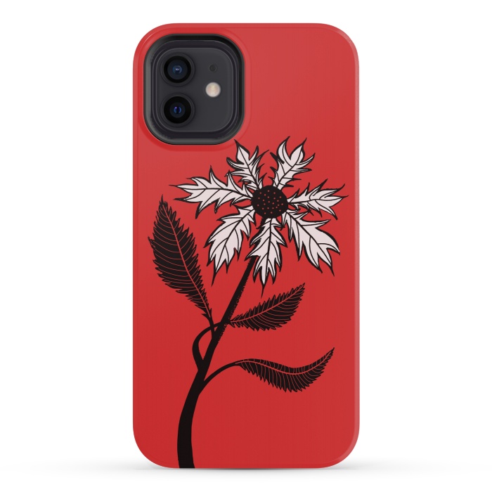 iPhone 12 mini StrongFit Imaginary Flower In Ink - Black And White On Red by Boriana Giormova