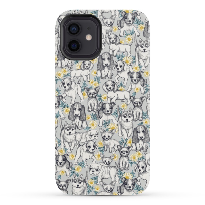 iPhone 12 mini StrongFit Dogs and Daisies on Grey by Micklyn Le Feuvre