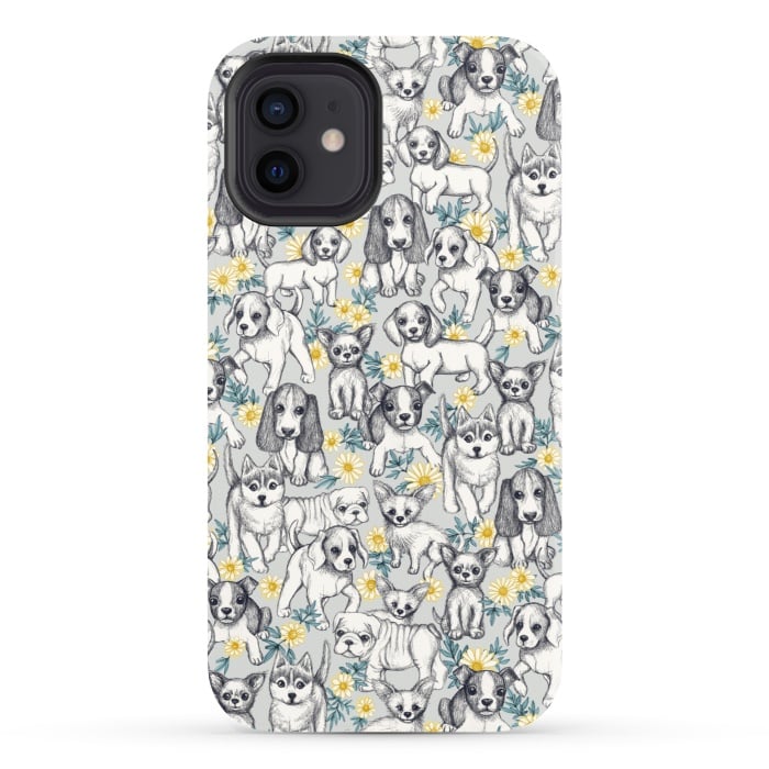 iPhone 12 StrongFit Dogs and Daisies on Grey by Micklyn Le Feuvre