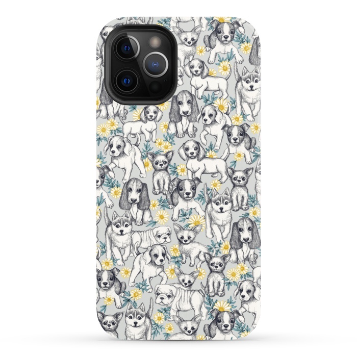 iPhone 12 Pro StrongFit Dogs and Daisies on Grey by Micklyn Le Feuvre