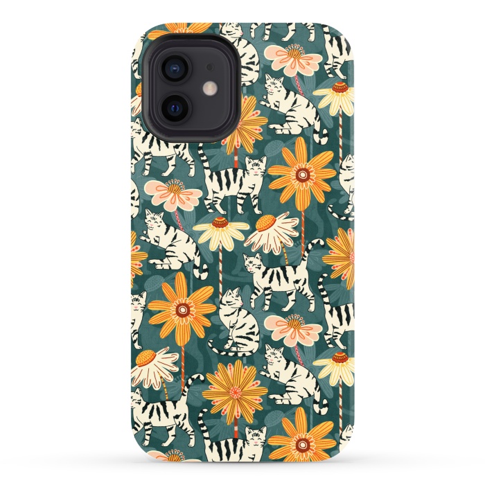 iPhone 12 StrongFit Daisy Cats - Teal by Tigatiga