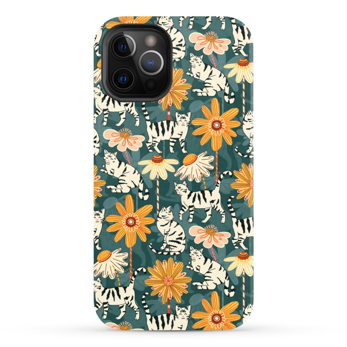 iPhone 12 Pro StrongFit Daisy Cats - Teal by Tigatiga