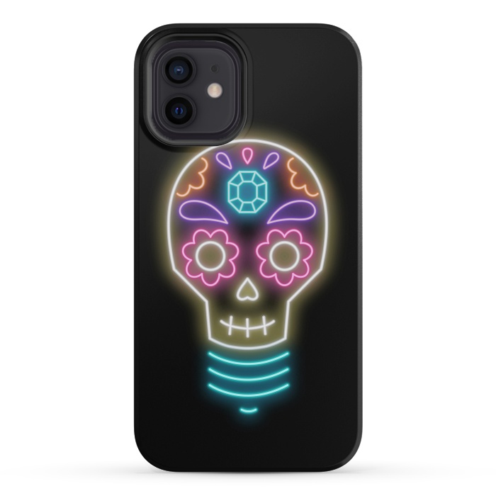 iPhone 12 mini StrongFit Neon sugar skull lightbulb by Laura Nagel