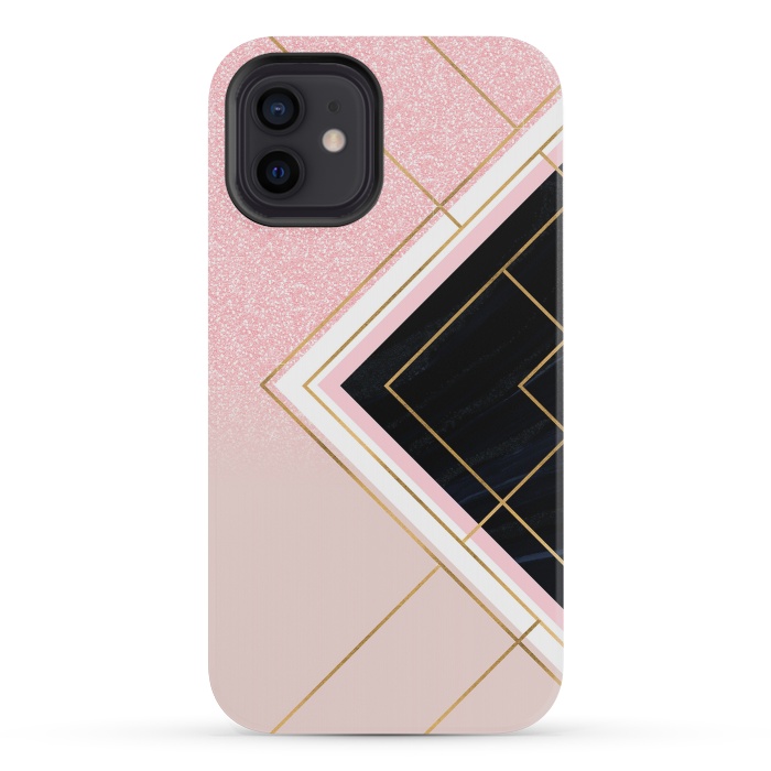 iPhone 12 mini StrongFit Modern Geometric Pink Gold Strokes Design by InovArts