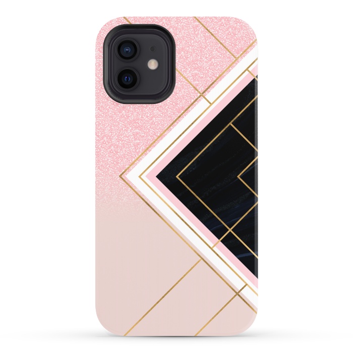 iPhone 12 StrongFit Modern Geometric Pink Gold Strokes Design by InovArts