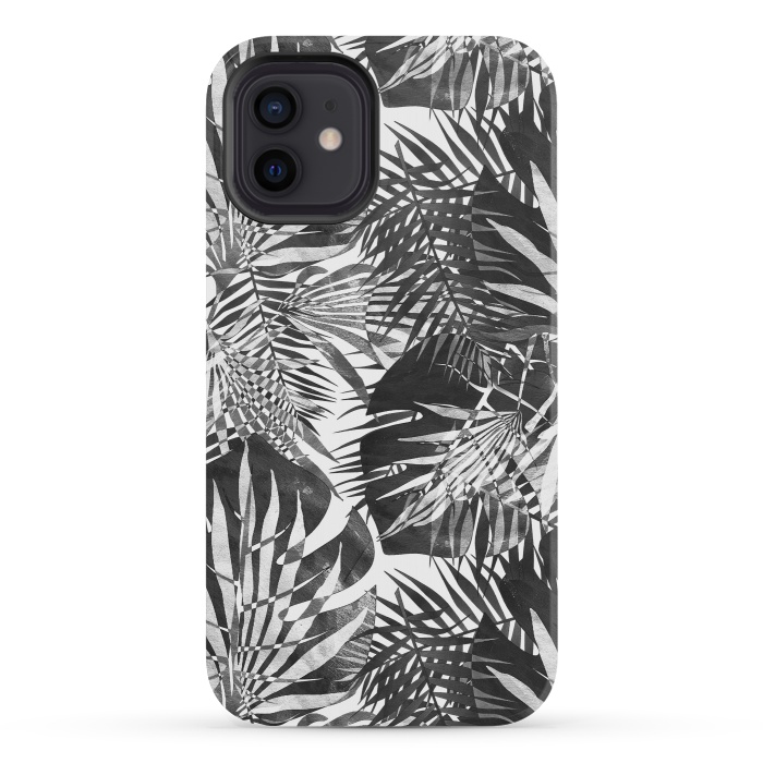 iPhone 12 mini StrongFit Black and white tropical leaves illusion by Oana 