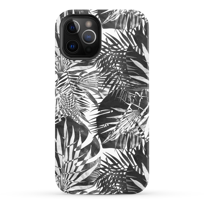 iPhone 12 Pro StrongFit Black and white tropical leaves illusion by Oana 