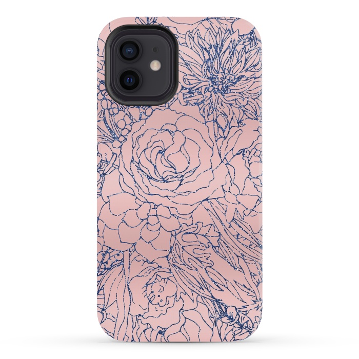 iPhone 12 mini StrongFit Stylish Metallic Navy Blue and Pink Floral Design by InovArts