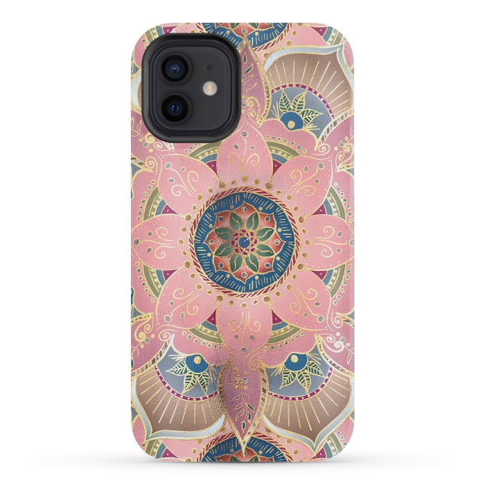 iPhone 12 mini StrongFit Trendy Metallic Gold and Pink Mandala Design by InovArts