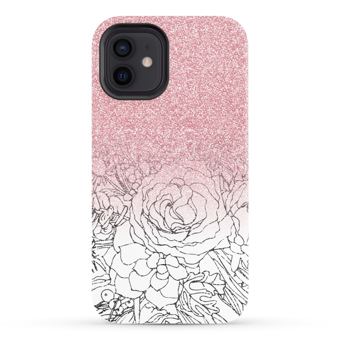 iPhone 12 StrongFit Elegant Floral Doodles Pink Gradient Glitter Image by InovArts