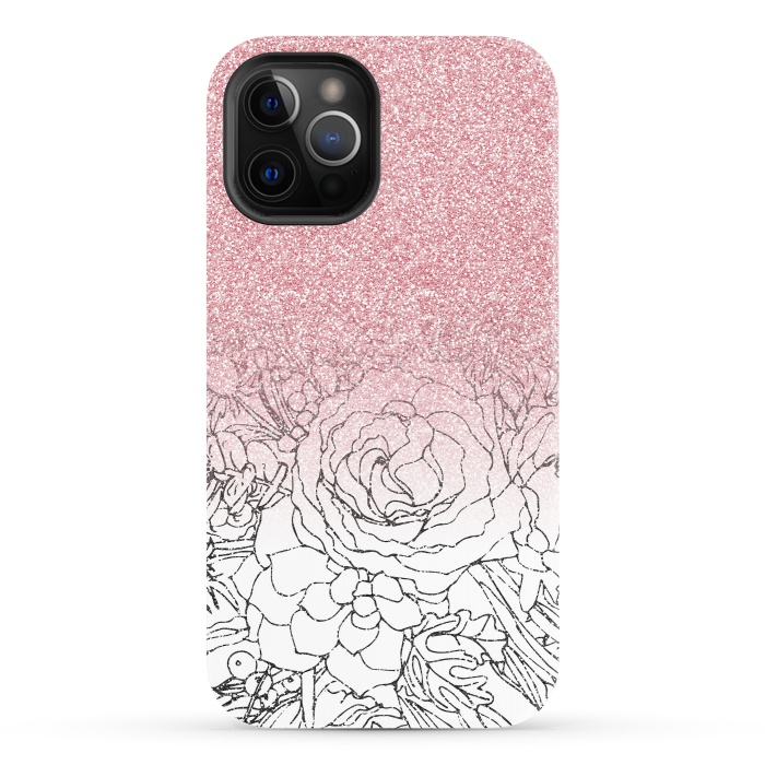 iPhone 12 Pro StrongFit Elegant Floral Doodles Pink Gradient Glitter Image by InovArts