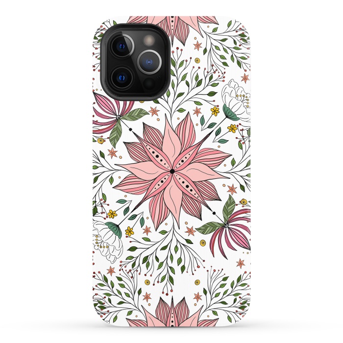 iPhone 12 Pro StrongFit Cute Vintage Pink Floral Doodles Tile Art by InovArts