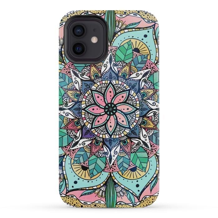 iPhone 12 mini StrongFit Bohemian Colorful Watercolor Floral Mandala by InovArts