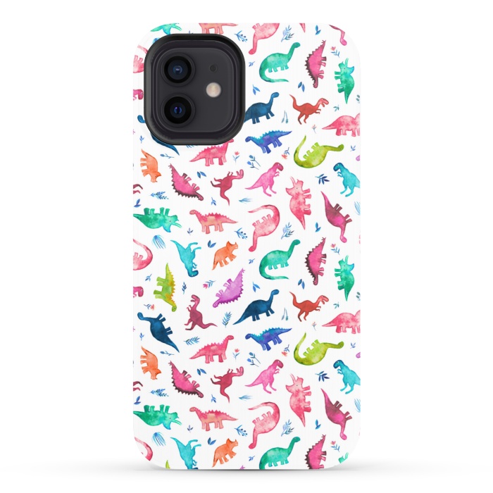 iPhone 12 StrongFit Tiny Ditsy Watercolor Dinosaurs in Rainbow Colors by Micklyn Le Feuvre