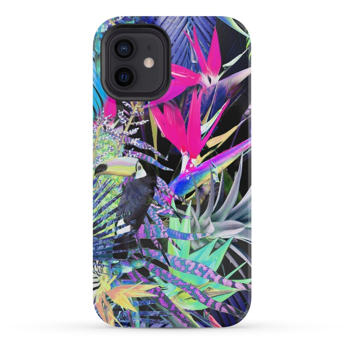 iPhone 12 mini StrongFit Colorful neon toucan and strelitzia jungle pattern by Oana 