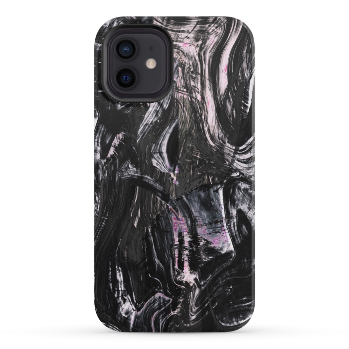 iPhone 12 mini StrongFit Brushed black pink ink marble by Oana 