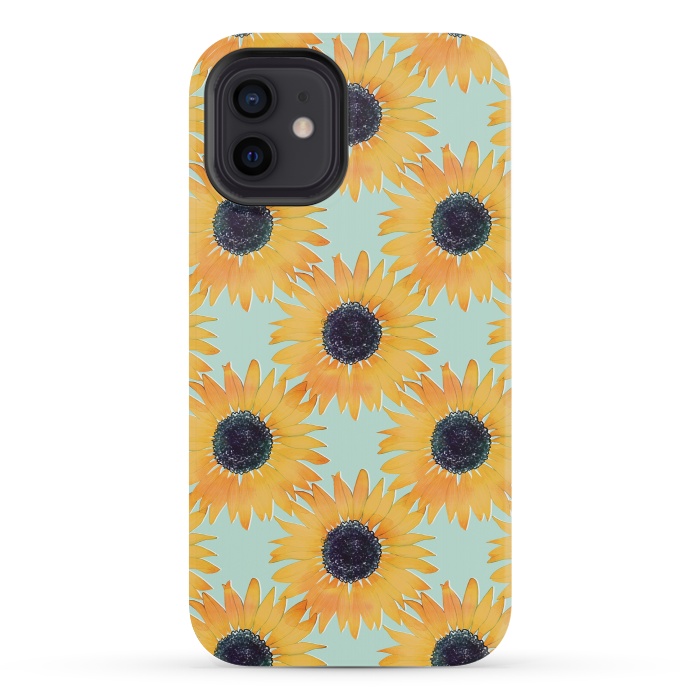 iPhone 12 mini StrongFit Pretty Hand Drawn Yellow Sunflowers Paint Pattern by InovArts