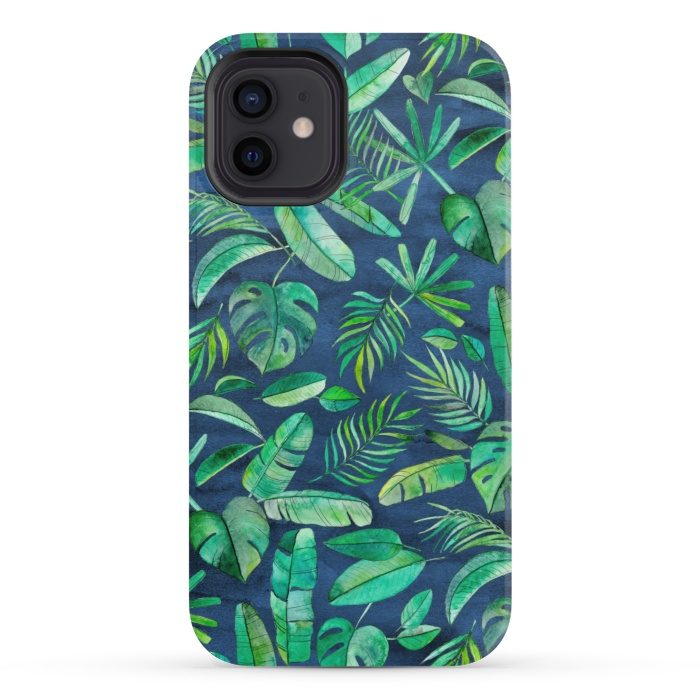 iPhone 12 mini StrongFit Emerald Tropical Leaf Scatter on textured Navy Blue by Micklyn Le Feuvre