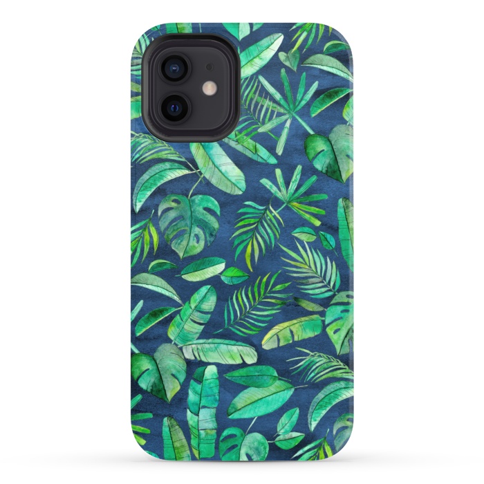 iPhone 12 StrongFit Emerald Tropical Leaf Scatter on textured Navy Blue by Micklyn Le Feuvre