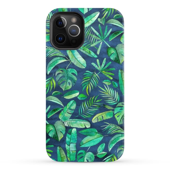 iPhone 12 Pro StrongFit Emerald Tropical Leaf Scatter on textured Navy Blue by Micklyn Le Feuvre