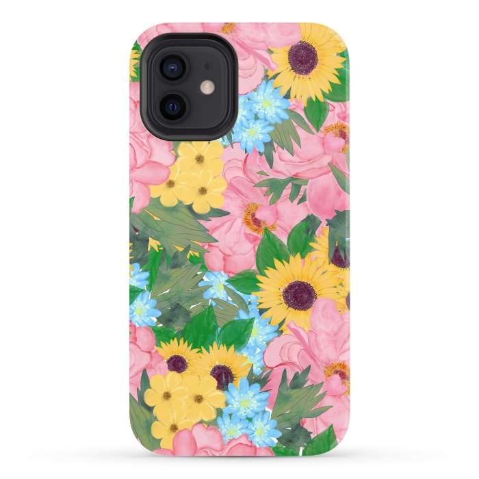 iPhone 12 StrongFit Trendy Pink Peonies Yellow Sunflowers Watercolor paint by InovArts