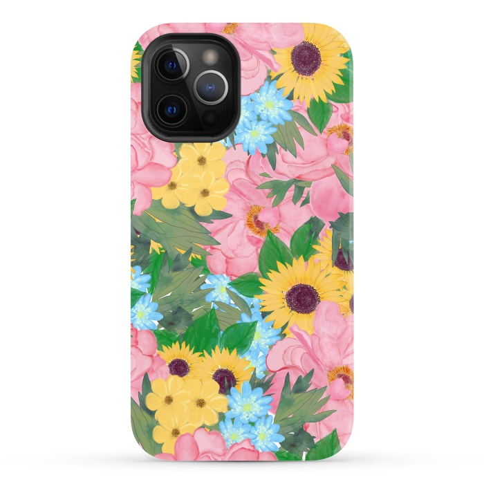 iPhone 12 Pro StrongFit Trendy Pink Peonies Yellow Sunflowers Watercolor paint by InovArts