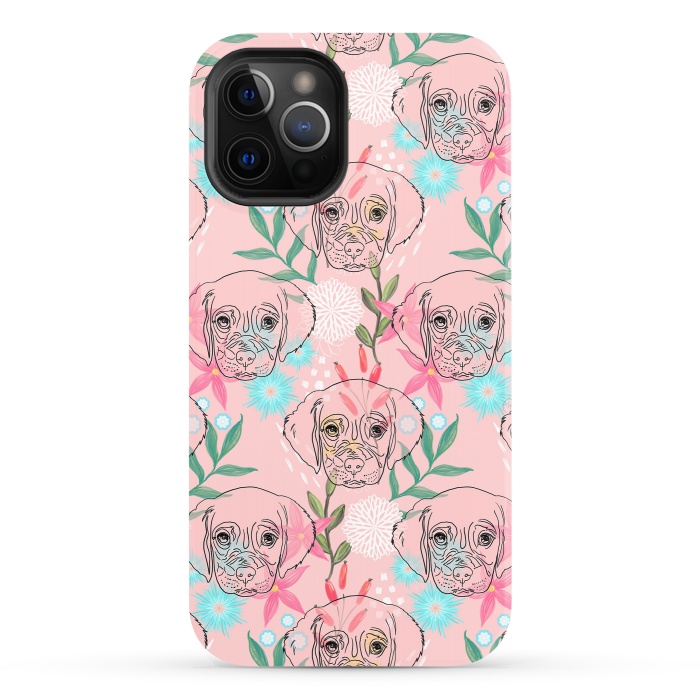 iPhone 12 Pro StrongFit Cute Puppy Dog and Flowers Pink Creative Art by InovArts
