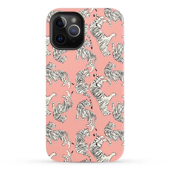iPhone 12 Pro StrongFit Tiger pattern, white on pink, 006 by Jelena Obradovic