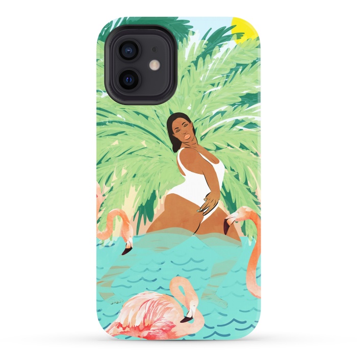 iPhone 12 StrongFit Tropical Summer Water Yoga with Palm & Flamingos | Woman of Color Black Woman Body Positivity by Uma Prabhakar Gokhale