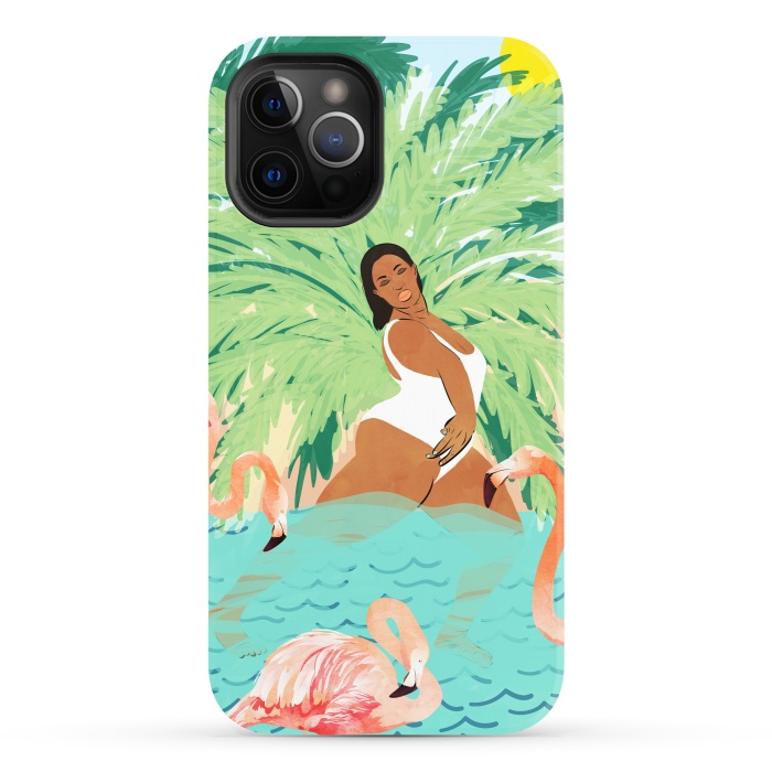 iPhone 12 Pro StrongFit Tropical Summer Water Yoga with Palm & Flamingos | Woman of Color Black Woman Body Positivity by Uma Prabhakar Gokhale