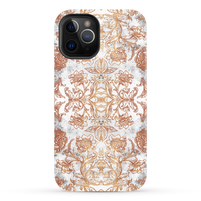 iPhone 12 Pro StrongFit Elegant golden line art flowers on white marble by Oana 