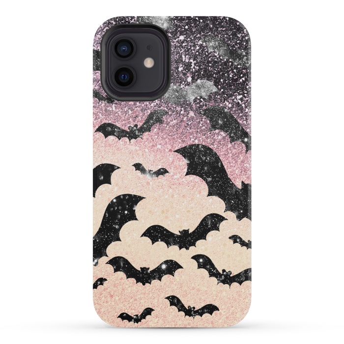 iPhone 12 mini StrongFit Bats in glitter starry night - Halloween by Oana 