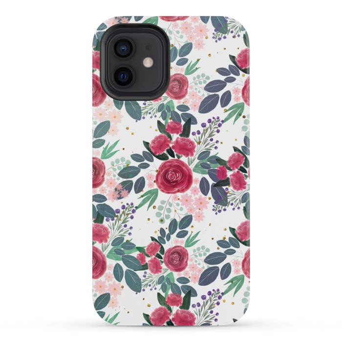 iPhone 12 mini StrongFit Cute Rose Pink Peonies Watercolor Paint Gold Dots Design by InovArts