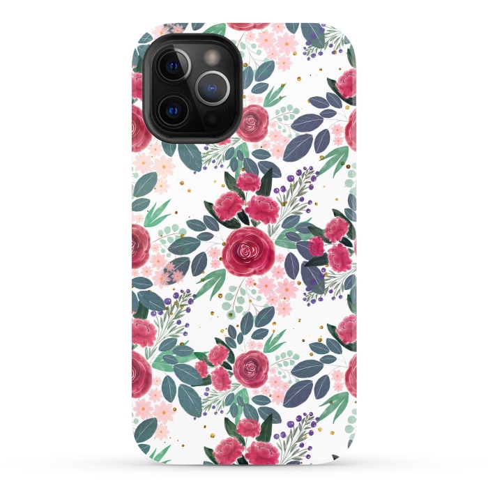 iPhone 12 Pro StrongFit Cute Rose Pink Peonies Watercolor Paint Gold Dots Design by InovArts