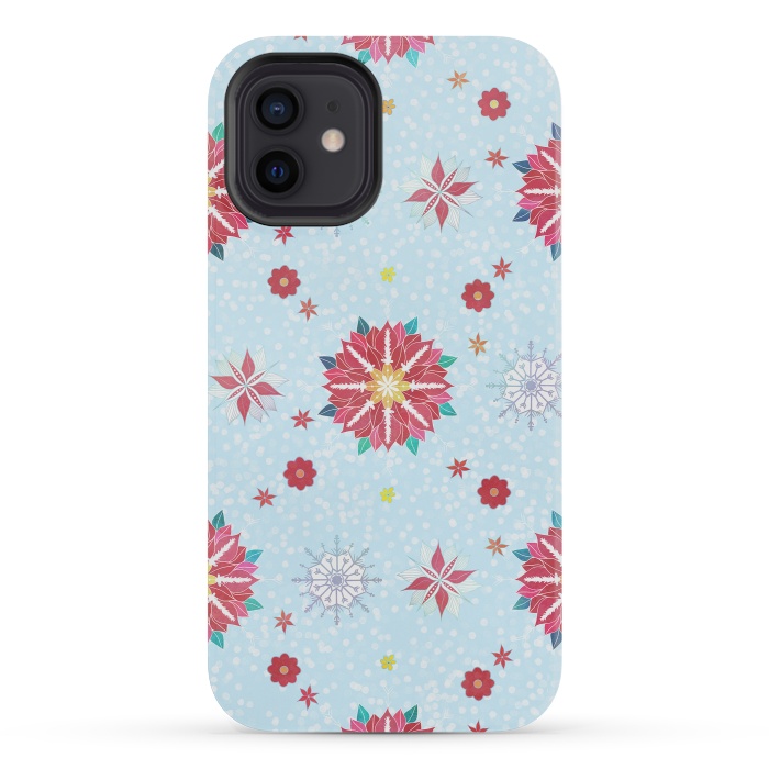 iPhone 12 mini StrongFit Trendy Winter Red Poinsettias White Snowflakes Pattern by InovArts