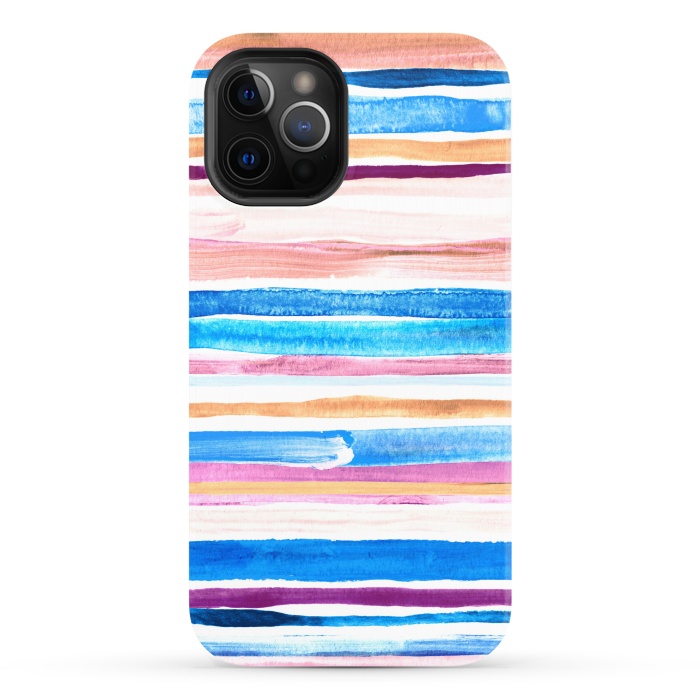 iPhone 12 Pro StrongFit Pastel Pink, Plum and Cobalt Blue Gouache Stripes by Micklyn Le Feuvre