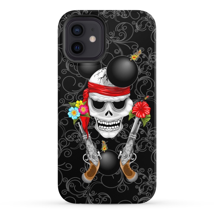 iPhone 12 StrongFit Pirate Skull, Ancient Guns, Flowers and Cannonballs by BluedarkArt