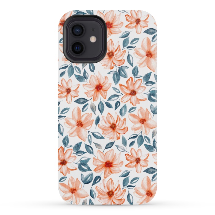 iPhone 12 mini StrongFit Orange & Navy Watercolor Floral  by Tigatiga