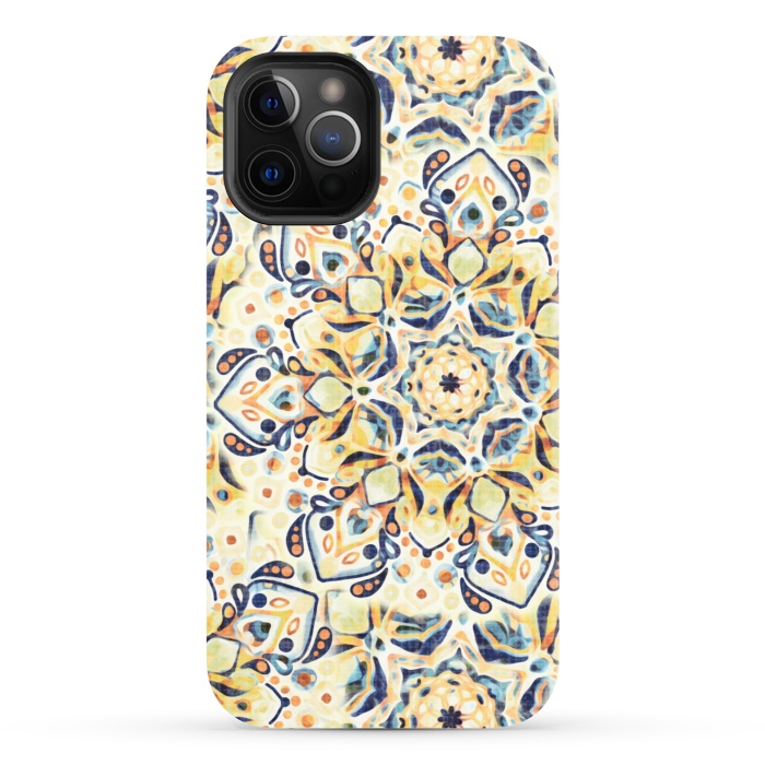 iPhone 12 Pro StrongFit Stained Glass Mandala - Mustard Yellow & Navy  by Tigatiga